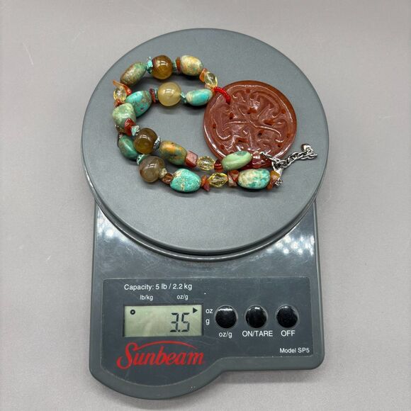 Turquoise Carnelian Agate Necklace Genuine Stone Beads Carved Pendant Statement - Picture 13 of 13